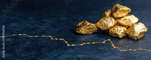 A pile of gold nuggets on a dark surface, accompanied by a fluctuating line graph, suggesting trends in gold prices or investment.