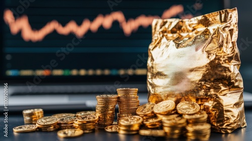 A close-up of a gold bag spilling coins, with a stock market graph in the background, symbolizing wealth, investment, and financial growth. photo