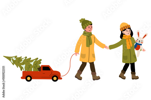 Couple joyfully carries home a Christmas tree with a truck on a winter day