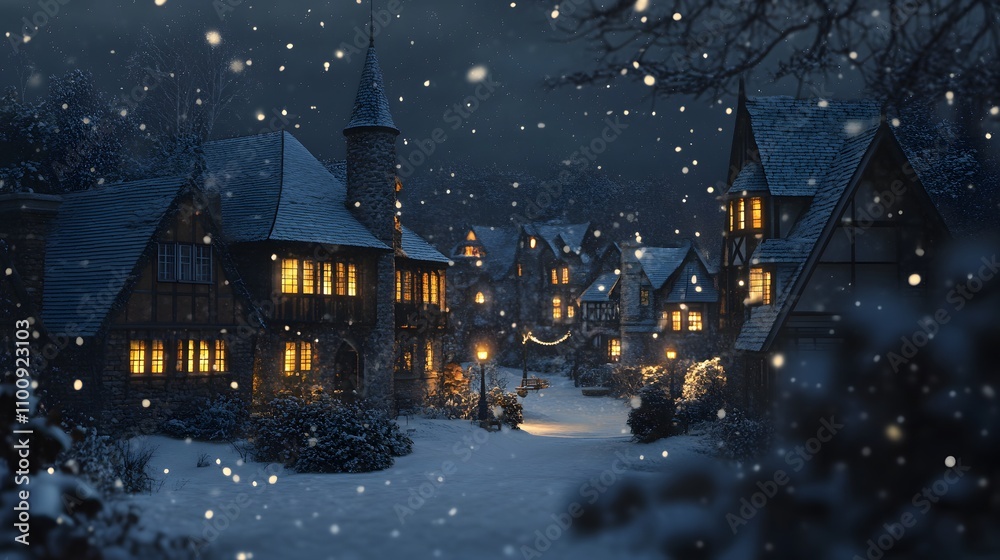 Fototapeta premium A Snowy Night in a Quaint Medieval Village