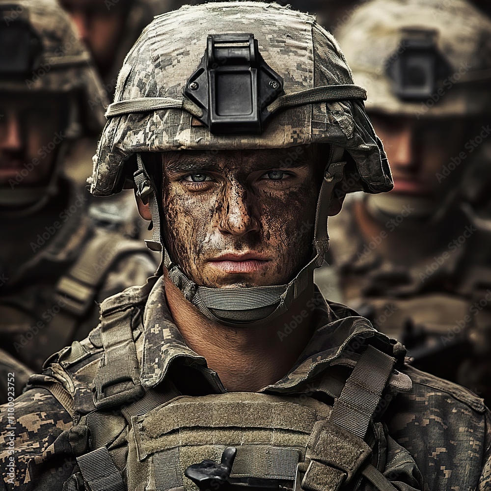 Close-up of a Determined Soldier in Combat: A Powerful Image of Military Service and Sacrifice Close-up of a Determined Soldier in Combat: A Powerful Image of Military Service and Sacrifice