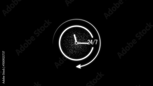 Abstract neon line Clock 24 hours icon on dark background. All day cyclic icon. 24 hours service symbol.  24 hours timer clock icon and all-time service 24/7-day. 24 hours 7 days clock timer icon