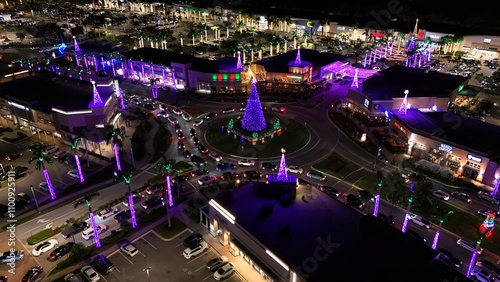 holiday shopping during Christmas in South Florida night time aerial
