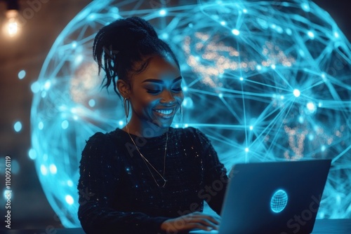 Smiling woman working on laptop with glowing global network backdrop.