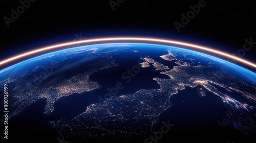 Stunning Aerial View of Earth at Night Showcasing City Lights Over Europe, Featuring the Gorgeous Curvature of the Planet and the Brightness of Urban Areas