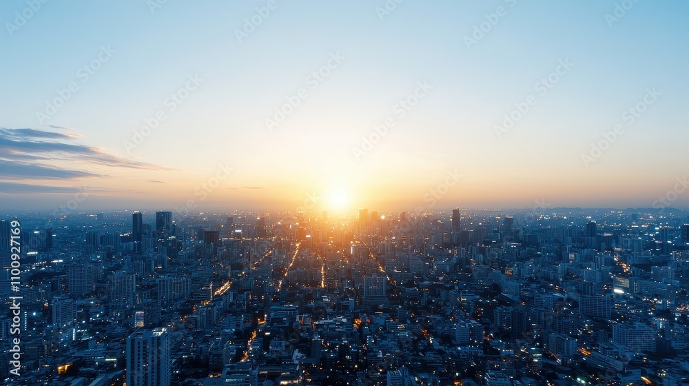 Fototapeta premium Captivating Sunrise Over a Bustling City Skyline, Showcasing Urban Life and the Beauty of Nature Blending with Man-Made Structures in a Vibrant Metropolis