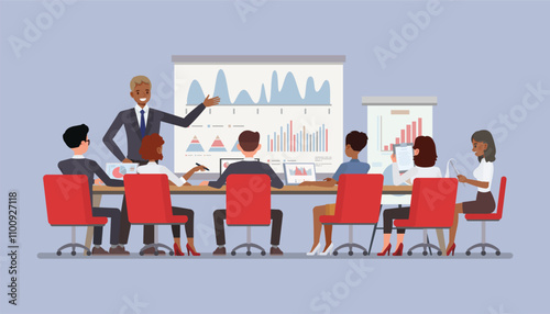 Training session with a corporate trainer presenting to a group of new employees character vector illustration design.