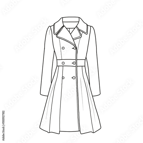 Women's fashion trench coat notch lapel double breasted a line pea coats jacket with pockets line art