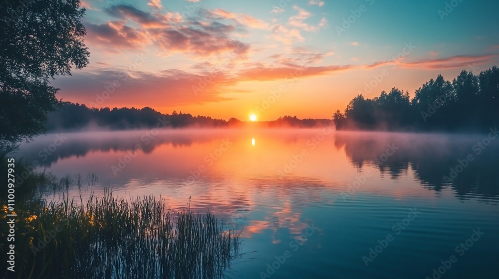 Fototapeta premium Serene sunrise over misty lake reflecting vibrant colors.