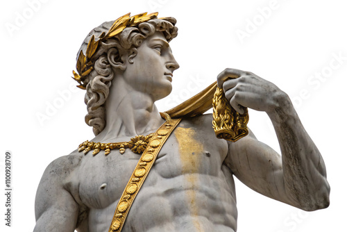 A majestic marble figure with golden laurel wreath and draped sash, showcasing strength, beauty, and a sense of classical divinity, isolated on a transparent background photo