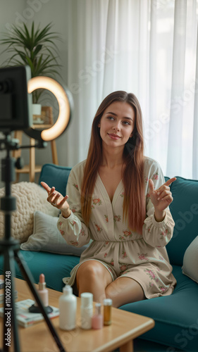 A influencer woman records a beauty tutorial at home, surrounded by skincare products. Ideal for beauty influencers, online marketing, and lifestyle content creation photo