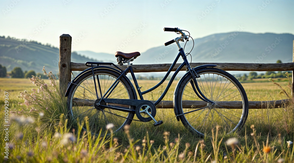 Fototapeta premium A vintage bicycle leaning against a rustic wooden fence in a sunlit countryside. Wildflowers in bloom surround the bike, and distant rolling hills stretch under a bright blue sky.