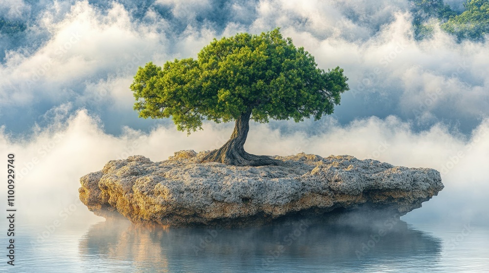 Fototapeta premium A solitary tree on a rocky island surrounded by misty water creates a serene landscape.