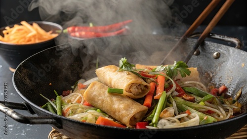 A steaming hot wok with fried spring rolls fresh vegetables and savory souse ingredients, souse, vegetables