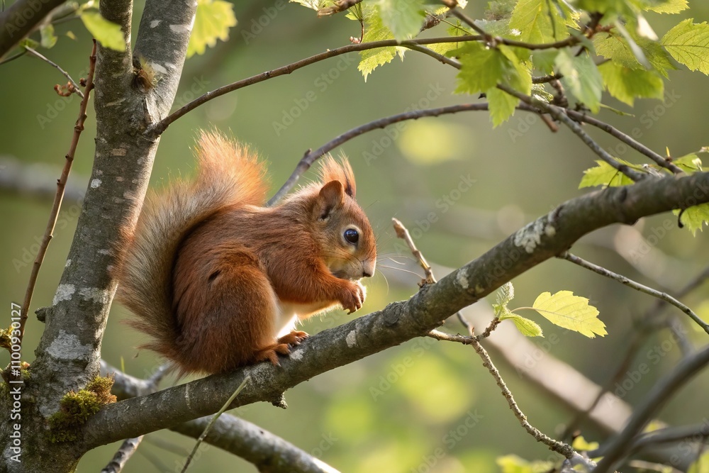 A tiny red squirrel curled up on a small branch of a deciduous tree basking in sunlight, nature, branch
