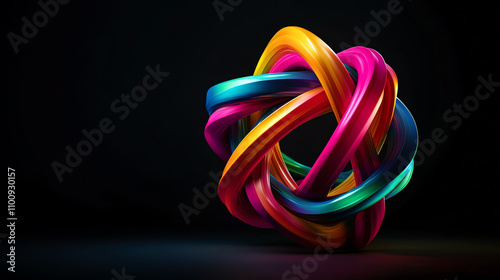 Vibrant geometric shapes intertwined in a black void with glowing accents, highquality 3D render photo