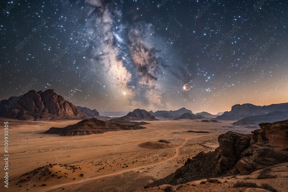Obraz premium A vast expanse of Wadi Rum's rugged landscape under a starry night sky with the Milky Way visible overhead, desert landscape , wadi rum jordan