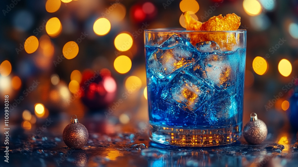 blue cocktail, garnished with a delicate orange peel, sparkles under the warm glow of Christmas lights blue cocktail, garnished with a delicate orange peel, sparkles under the warm glow of Christmas lights