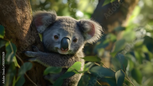 Adorable koala joey clinging to eucalyptus tree. photo