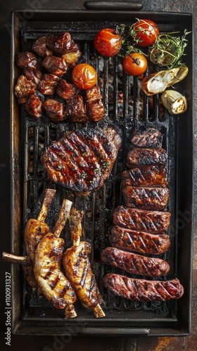 Wallpaper Mural Grilled to Perfection: A tantalizing array of grilled meats, from juicy steaks and sausages to flavorful chicken, perfectly arranged on a cast iron grill, ready to be devoured.   Torontodigital.ca