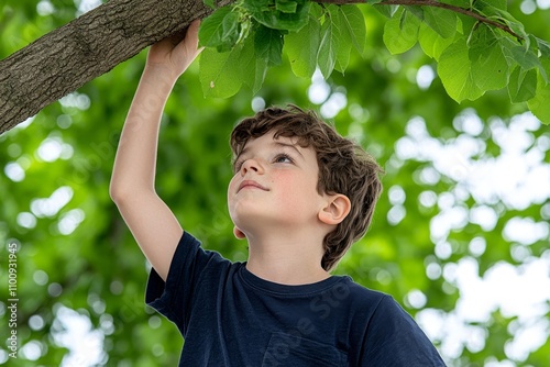 A boy climbing a tree in his backyard, reaching for a high branch with determination on his face photo