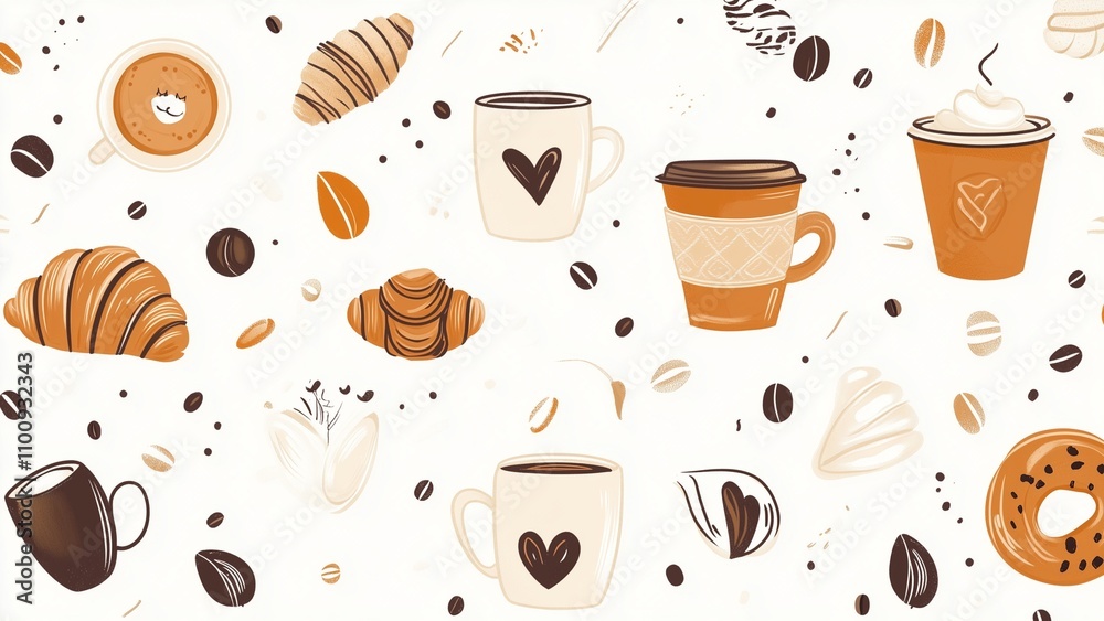 Obraz premium Scattered minimal doodles of coffee cups and croissants in warm beige and brown hues, cozy and inviting