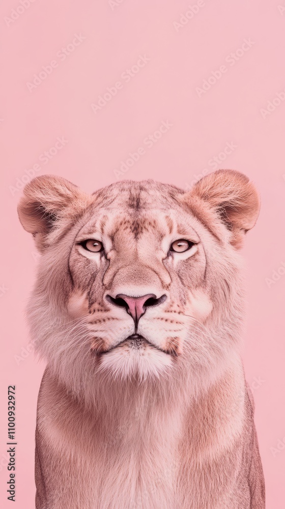 Obraz premium Lioness in Pink: A powerful and captivating portrait of a lioness against a vibrant pink background. Her piercing gaze and regal demeanor exude strength and grace. 