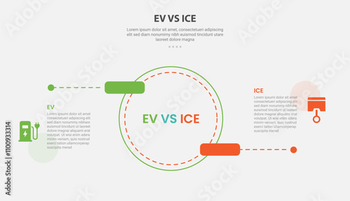 EV vs ICE technology infographic outline style with 2 point comparison template with big circle and round rectangle pointer up and down for slide presentation