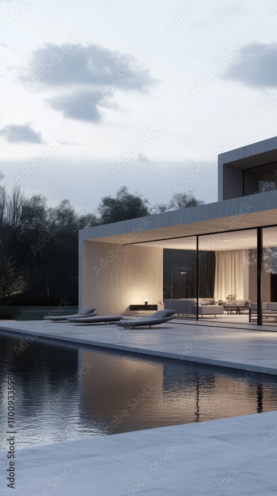 Modern Minimalist Dream Home: Serene evening view of a luxurious contemporary house with an infinity pool, sleek architecture, and tranquil landscaping. Captures the essence of sophisticated living. 