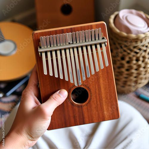 Kalimba or mbira is an African musical instrument.Traditional small Kalimba made from  wooden board with metal, play on  hands and plucking the tines with the thumbs. Instrument in room photo