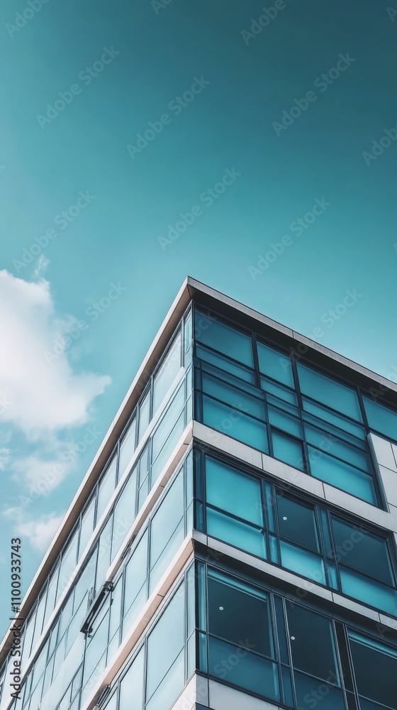 Fototapeta premium Modern Architecture: A sleek, modern office building reaches towards a vibrant blue sky, showcasing its contemporary design and glass facade. The image evokes a sense of ambition, progress.