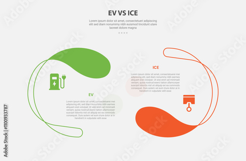 EV vs ICE technology infographic outline style with 2 point comparison template with creative half circle opposite direction for slide presentation