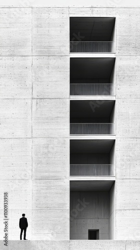 Man in the Concrete: A solitary figure stands before a stark concrete building, its minimalist design emphasizing the verticality of the structure and the smallness of the individual.