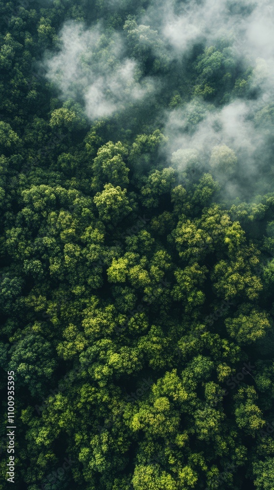 Obraz premium Misty Mountain Forest: An aerial view captures the lush green canopy of a mountain forest, shrouded in a mystical fog. The image evokes a sense of serenity and the untouched beauty of nature. 