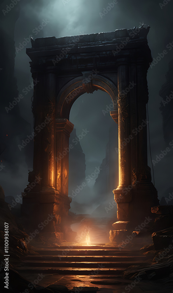 Fototapeta premium A mysterious, glowing gateway surrounded by dark, swirling mist and subtle embers, hinting at an infernal realm beyond without overt violence.