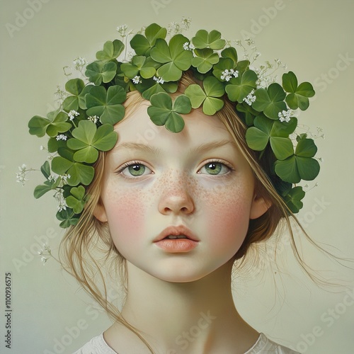 Serene Girl with Clover Crown: A Dreamy Portrait photo