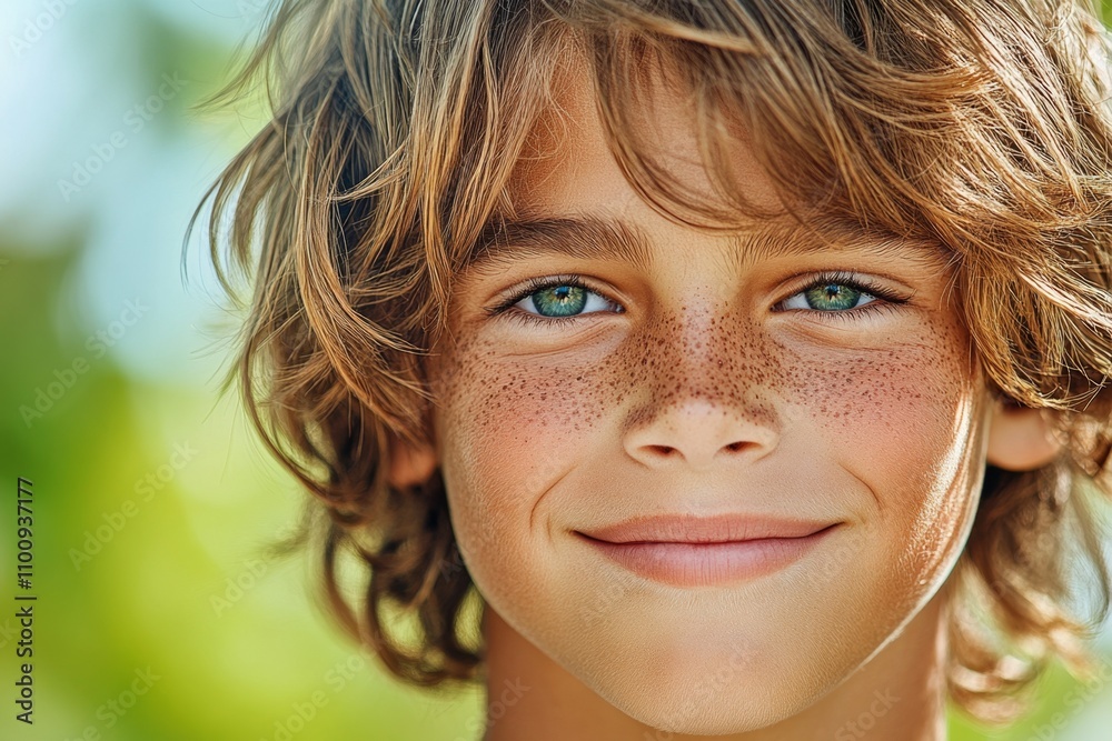 A hyper-realistic portrait of a boy with freckles and messy hair, smiling warmly with sunlight softly illuminating his face A hyper-realistic portrait of a boy with freckles and messy hair, smiling warmly with sunlight softly illuminating his face