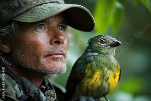 A man with a bird on his shoulder looking thoughtfully into the distance. photo