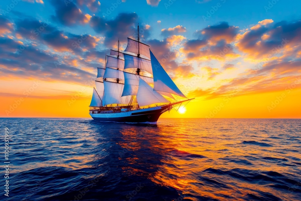 Obraz premium A majestic clipper ship with towering sails, sailing on open waters under a dramatic sunset sky