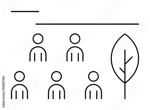 Simple human figures two horizontal lines, and a leaf outline. Ideal for teamwork, community, collaboration, environment, sustainability, conservation, nature. Line metaphor