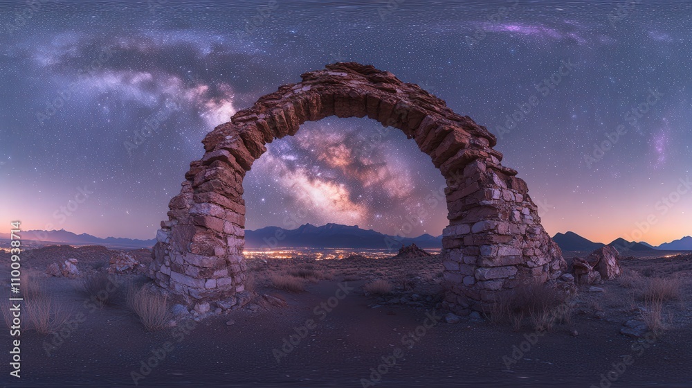 Fototapeta premium A stunning night view of a stone arch against a starry sky and distant city lights.