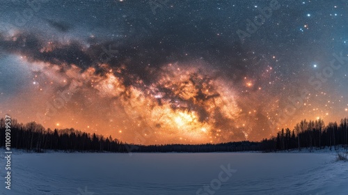 A stunning panoramic view of a starry night sky over a frozen lake.