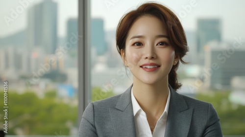 Confident asian businesswoman smiling in modern office with urban view radiating professionalism and positivity