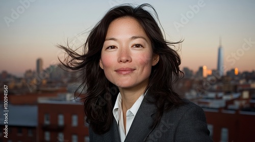 Captivating portrait of a beautiful asian woman against a city skyline at dusk emphasizing urban elegance and confidence