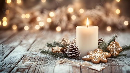 Festive Candlelit Christmas Scene With Gingerbread Cookies photo