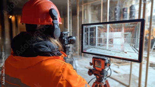 Fototapeta Naklejka Na Ścianę i Meble -  3D laser scanning technology at work on construction site to create a building model