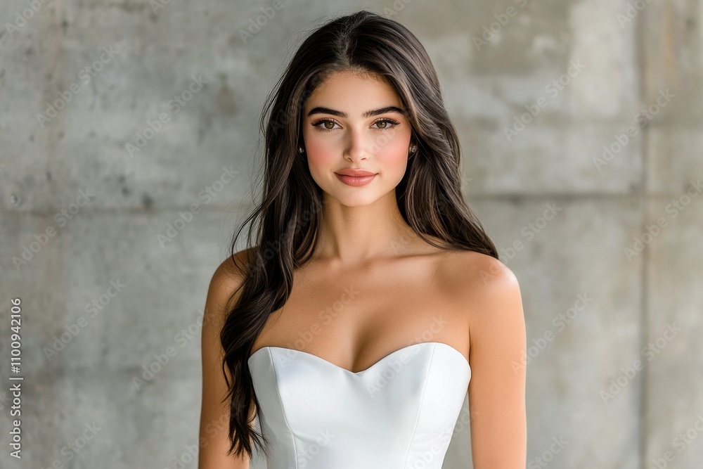 A stylish modern bride posing in an industrial-style venue, with dramatic lighting and chic minimalist decor A stylish modern bride posing in an industrial-style venue, with dramatic lighting and chic minimalist decor