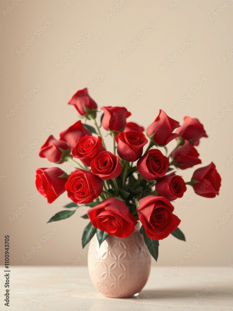 Naklejka premium A bouquet of red roses in a delicate pink vase, scented gifts, flowers