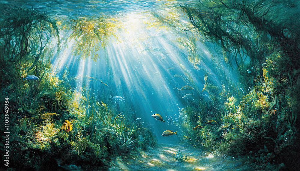 Fototapeta premium Underwater kelp forest illuminated by sunlight