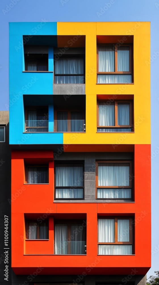 Fototapeta premium Vibrant Facade: A contemporary building with a striking color scheme of blue, yellow, red, and gray. The bold, geometric design stands out against the clear blue sky.